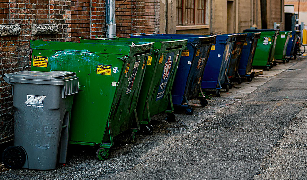 Several types of waste management bins lined up in a row in an alleyway